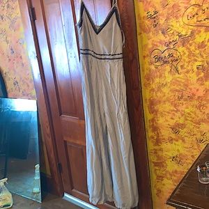 Blue and white striped spaghetti strap jumpsuit V neck with dark blue embroidery